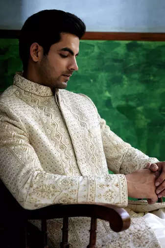 White embroidered mirror work cotton silk sadiqabad sherwani set