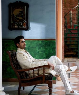 White embroidered mirror work cotton silk sadiqabad sherwani set 3