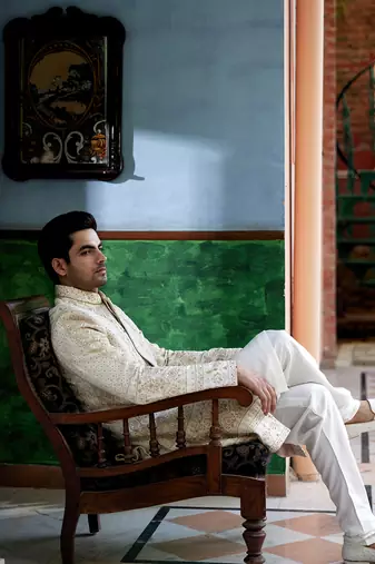 White embroidered mirror work cotton silk sadiqabad sherwani set