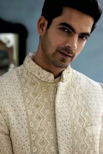 White embroidered mirror work cotton silk sadiqabad sherwani set