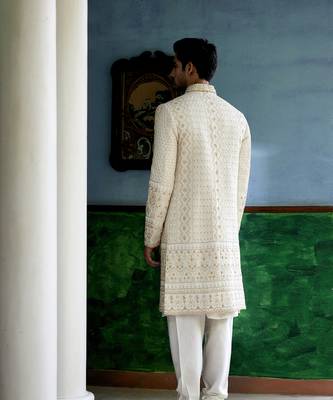 White embroidered mirror work cotton silk sadiqabad sherwani set 5