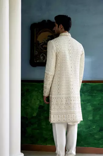 White embroidered mirror work cotton silk sadiqabad sherwani set