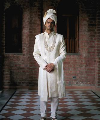 White embroidered mirror work cotton silk turbat sherwani (ivory) 1