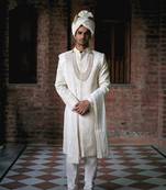 White embroidered mirror work cotton silk turbat sherwani (ivory)