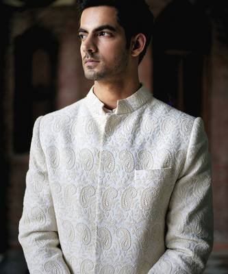 White embroidered mirror work cotton silk turbat sherwani (ivory) 2