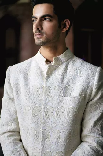 White embroidered mirror work cotton silk turbat sherwani (ivory)