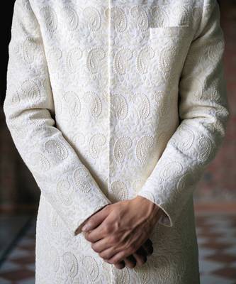 White embroidered mirror work cotton silk turbat sherwani (ivory) 3
