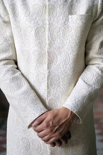 White embroidered mirror work cotton silk turbat sherwani (ivory)