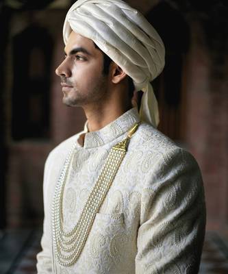 White embroidered mirror work cotton silk turbat sherwani (ivory) 4