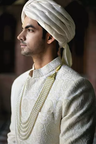 White embroidered mirror work cotton silk turbat sherwani (ivory)