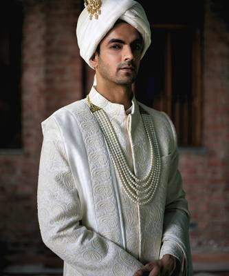 White embroidered mirror work cotton silk turbat sherwani (ivory) 5