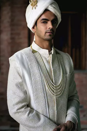 White embroidered mirror work cotton silk turbat sherwani (ivory)