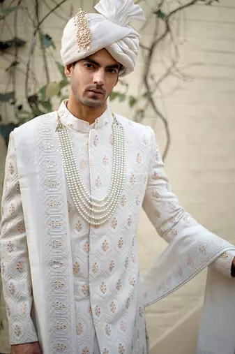 White embroidered mirror work cotton silk fahad sherwani (ivory)