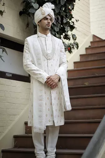 White embroidered mirror work cotton silk fahad sherwani (ivory)