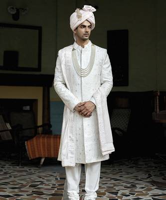 White embroidered mirror work cotton silk hasan sherwani set 1