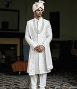 White embroidered mirror work cotton silk hasan sherwani set