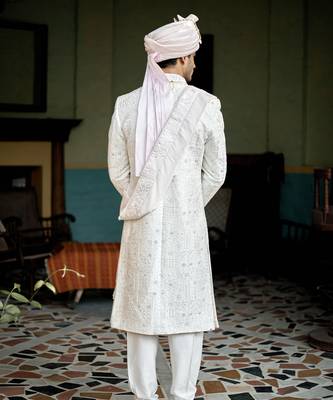 White embroidered mirror work cotton silk hasan sherwani set 2