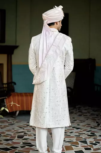 White embroidered mirror work cotton silk hasan sherwani set