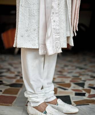 White embroidered mirror work cotton silk hasan sherwani set 3