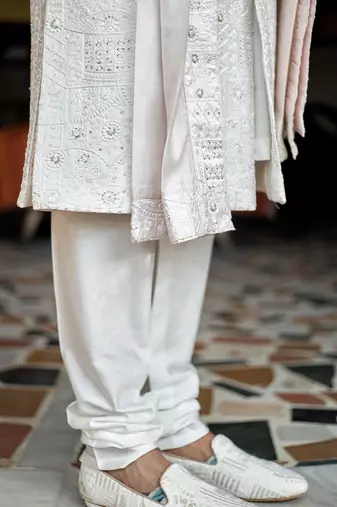 White embroidered mirror work cotton silk hasan sherwani set