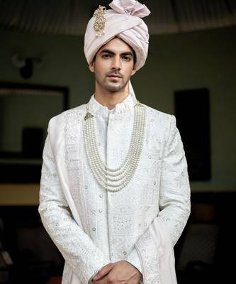 White embroidered mirror work cotton silk hasan sherwani set 4