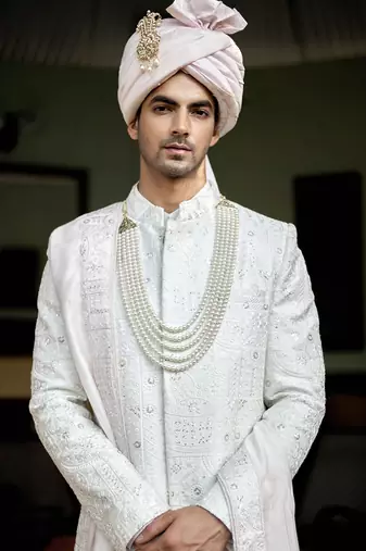 White embroidered mirror work cotton silk hasan sherwani set
