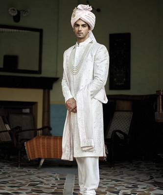White embroidered mirror work cotton silk hasan sherwani set 5