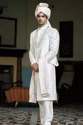 White embroidered mirror work cotton silk hasan sherwani set