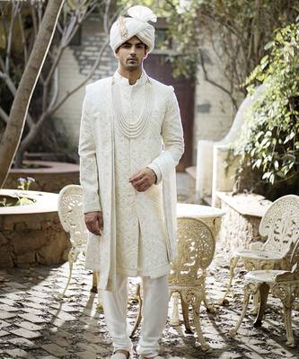 White embroidered mirror work cotton silk feroz sherwani set 1