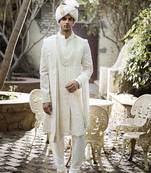 White embroidered mirror work cotton silk feroz sherwani set