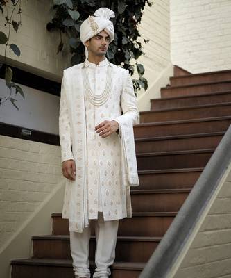 White embroidered mirror work cotton silk feroz sherwani set 2