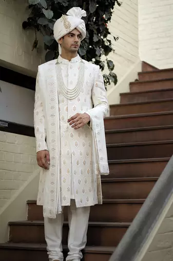White embroidered mirror work cotton silk feroz sherwani set