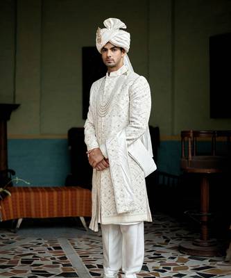 White embroidered mirror work cotton silk feroz sherwani set 3