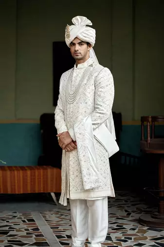 White embroidered mirror work cotton silk feroz sherwani set