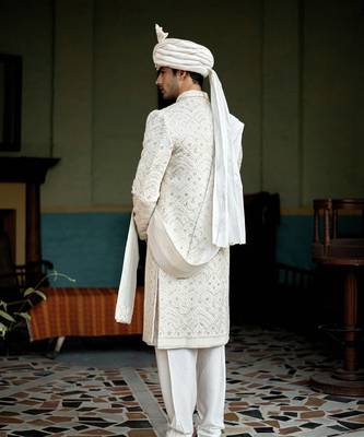 White embroidered mirror work cotton silk feroz sherwani set 4