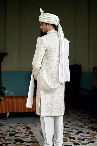 White embroidered mirror work cotton silk feroz sherwani set