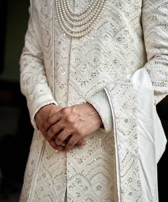 White embroidered mirror work cotton silk feroz sherwani set 5