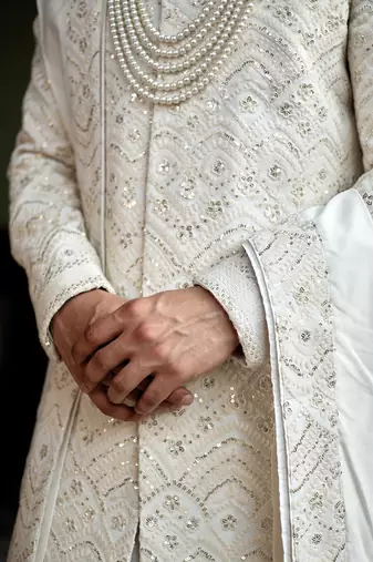 White embroidered mirror work cotton silk feroz sherwani set
