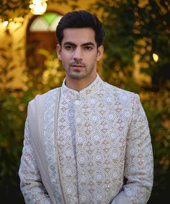 Beige embroidered mirror work cotton silk imran sherwani set 1