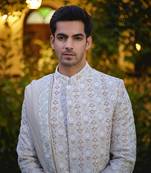 Beige embroidered mirror work cotton silk imran sherwani set
