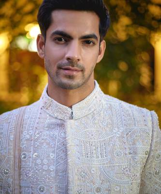 Beige embroidered mirror work cotton silk imran sherwani set 2