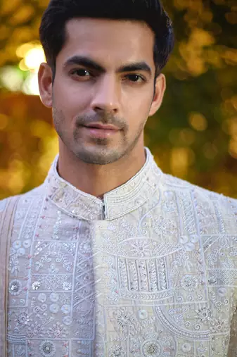Beige embroidered mirror work cotton silk imran sherwani set