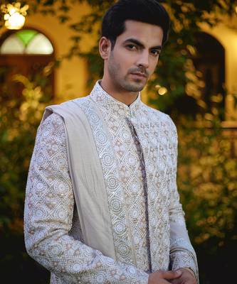Beige embroidered mirror work cotton silk imran sherwani set 3