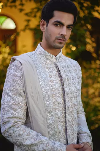 Beige embroidered mirror work cotton silk imran sherwani set