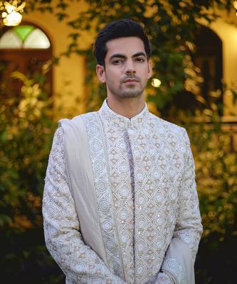 Beige embroidered mirror work cotton silk imran sherwani set 4