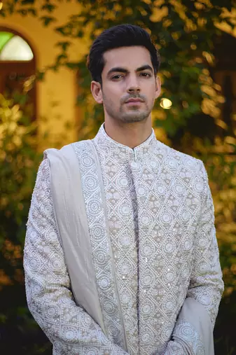 Beige embroidered mirror work cotton silk imran sherwani set