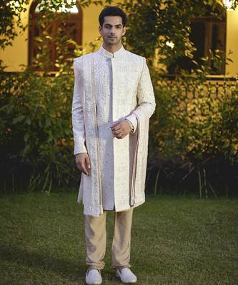 Beige embroidered mirror work cotton silk umair sherwani set 1
