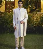Beige embroidered mirror work cotton silk umair sherwani set