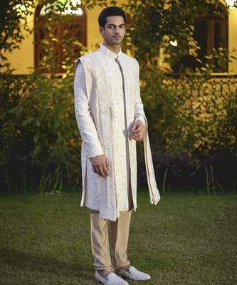 Beige embroidered mirror work cotton silk umair sherwani set 2