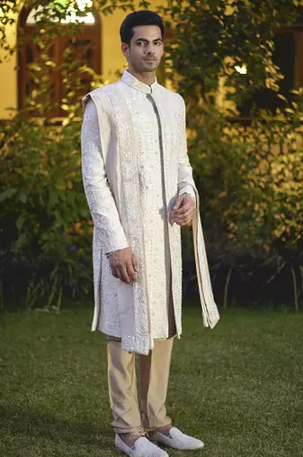 Beige embroidered mirror work cotton silk umair sherwani set